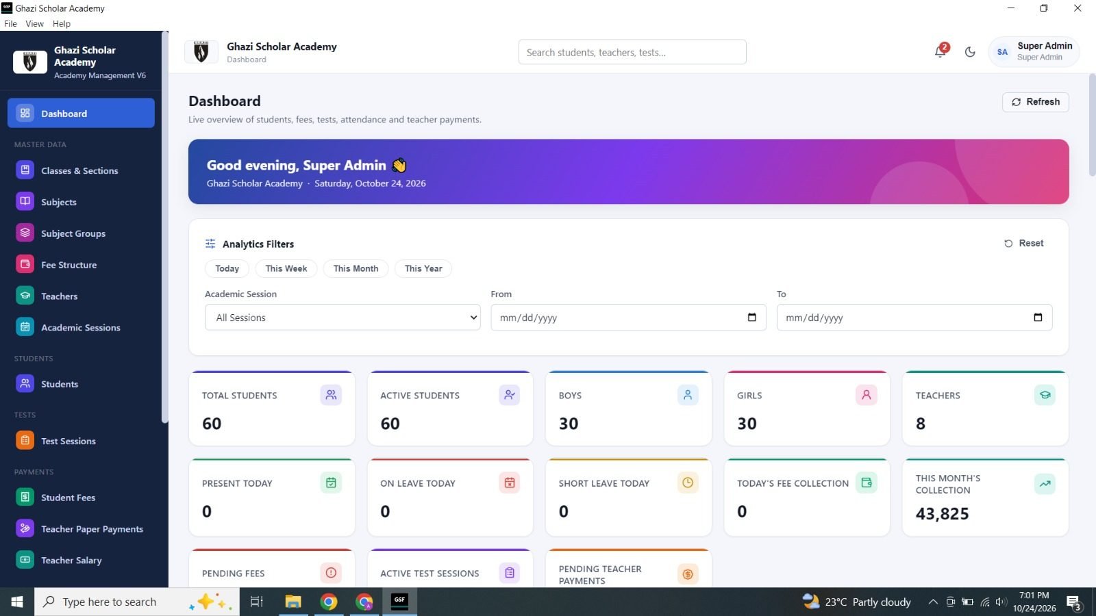 Academy dashboard with student, attendance and fee collection metrics